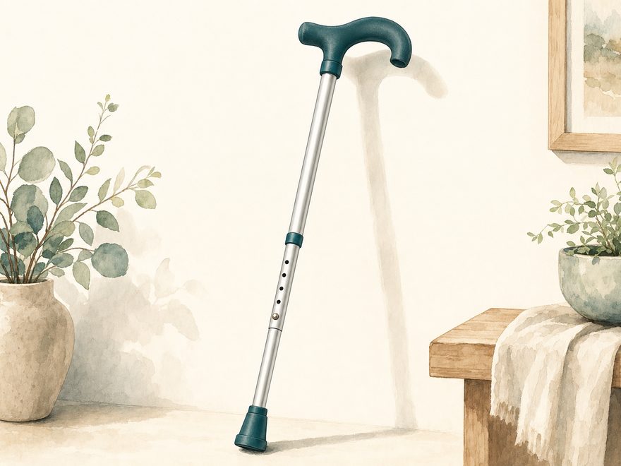 Illustration of a height-adjustable aluminum offset-handle walking cane