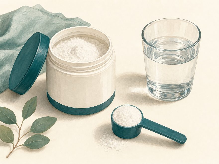 Illustration of a tub of creatine powder with a level scoop and a glass of water