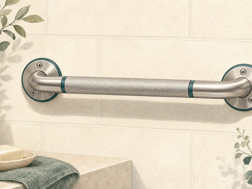 Illustration of a stainless steel bathroom grab bar mounted on a tiled wall