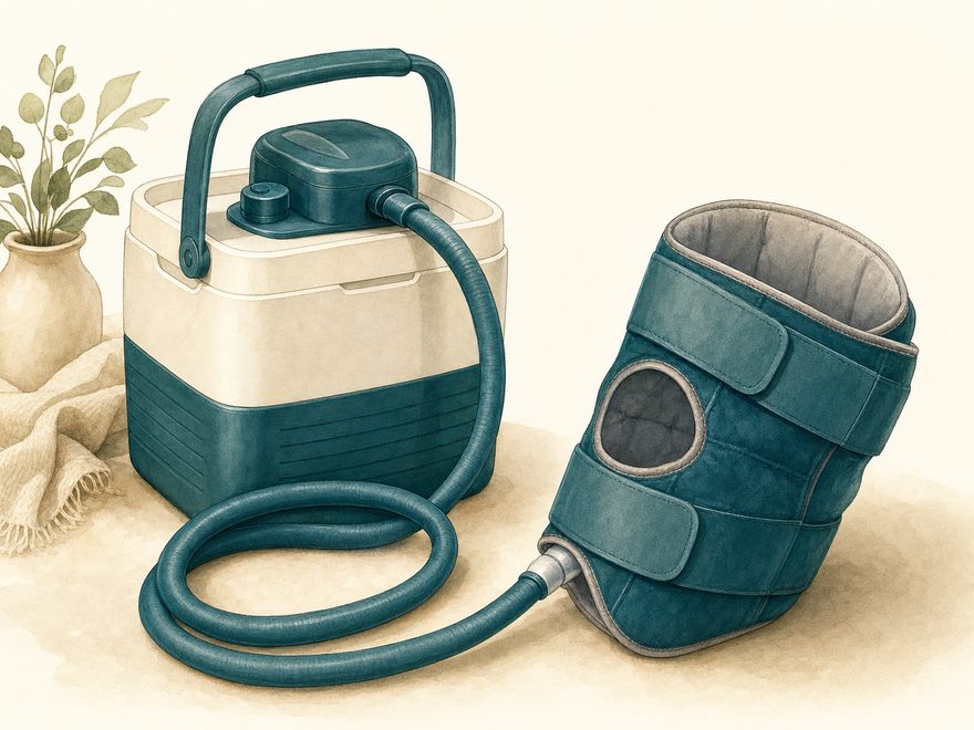 Illustration of a cold therapy machine cooler with pump, hose, and flexible knee pad