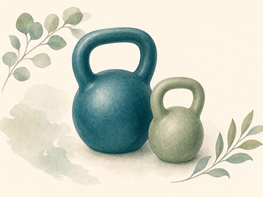 Illustration of a large teal kettlebell next to a smaller sage-green kettlebell