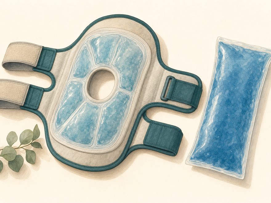 Illustration of a reusable gel ice wrap for the knee with straps and a spare gel pack