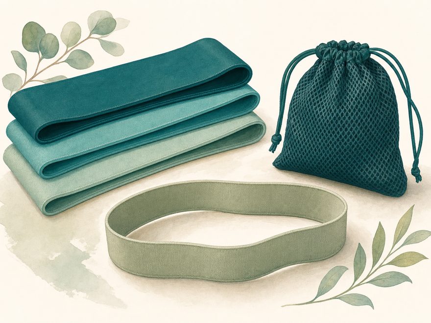 Illustration of a set of fabric resistance loop bands with a mesh carry pouch