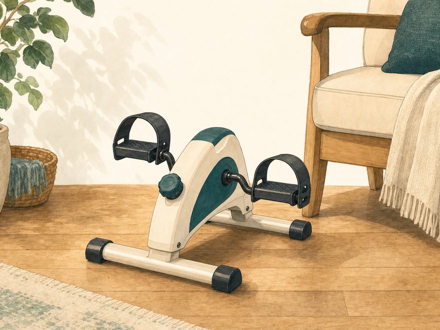 Illustration of a compact under-desk pedal exerciser on a wooden floor near an armchair