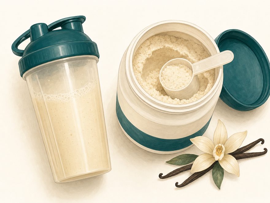 Illustration of a protein shaker bottle next to an open tub of protein powder with a scoop