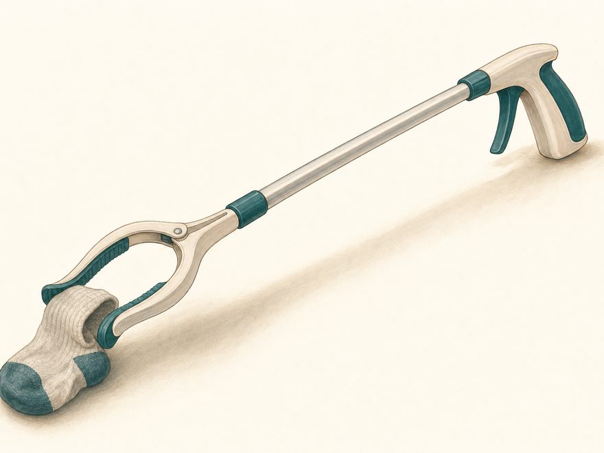 Illustration of a long-handled reacher grabber tool picking up a dropped sock