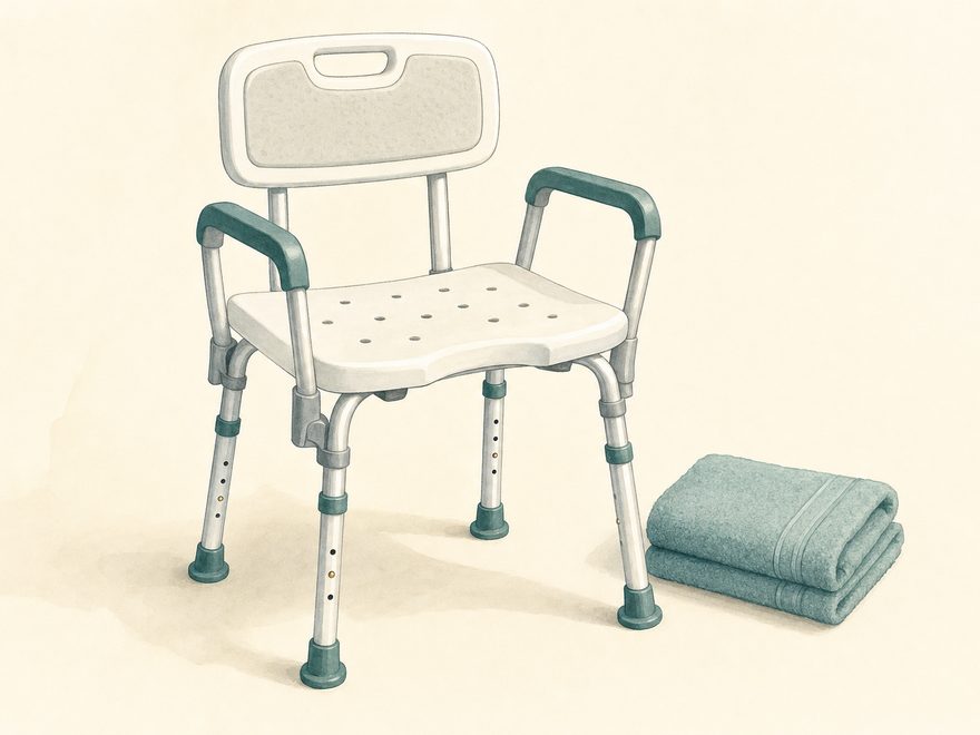 Illustration of an adjustable shower chair with back and armrests beside a folded towel