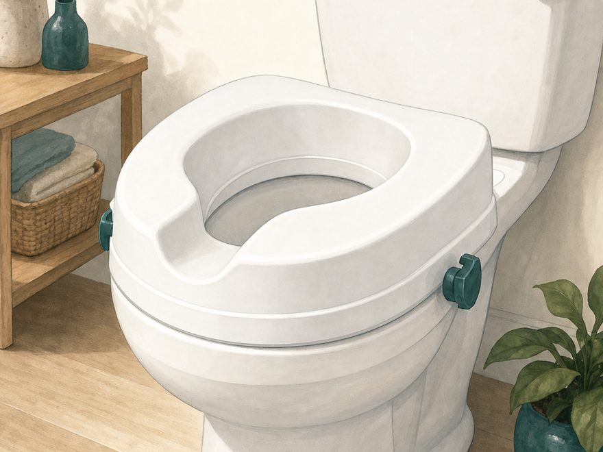 Illustration of a white raised toilet seat riser fitted on a toilet bowl