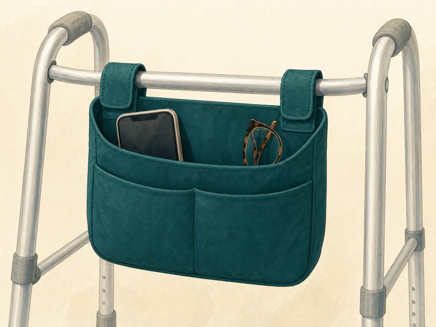 Illustration of a fabric walker pouch bag holding a phone and eyeglasses on a walker bar