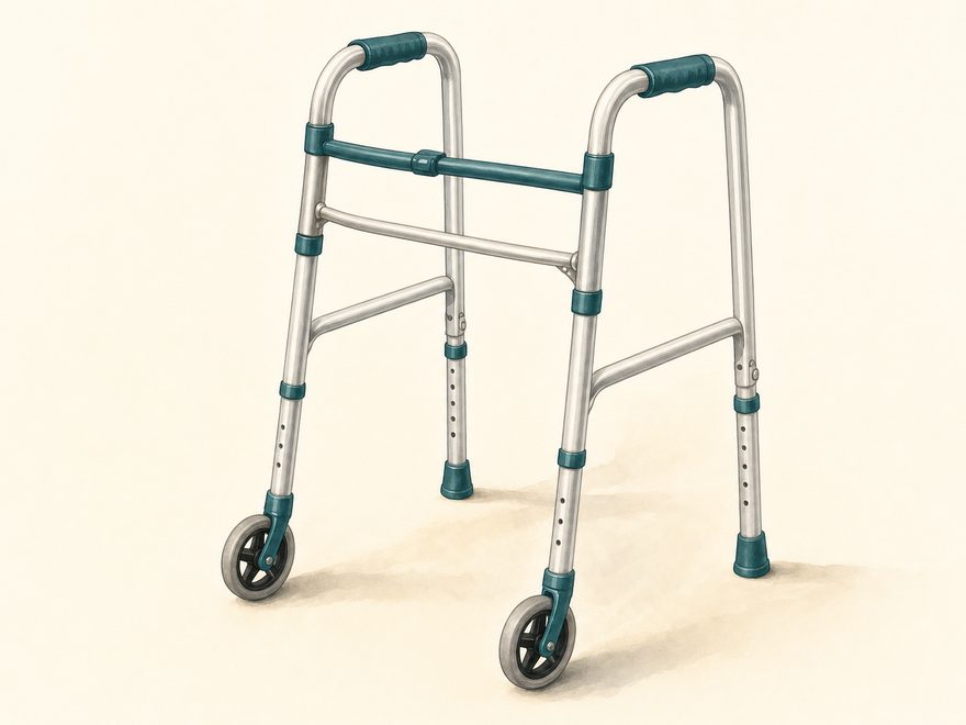 Illustration of a folding aluminum walking frame with two front wheels